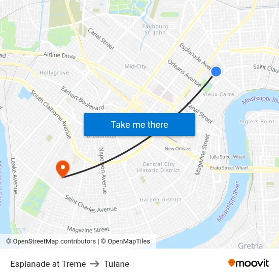 Esplanade at Treme to Tulane map