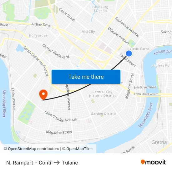 N. Rampart + Conti to Tulane map