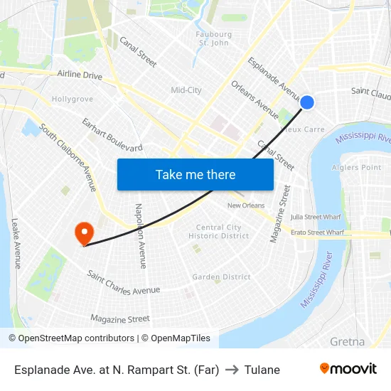 Esplanade Ave. at N. Rampart St. (Far) to Tulane map