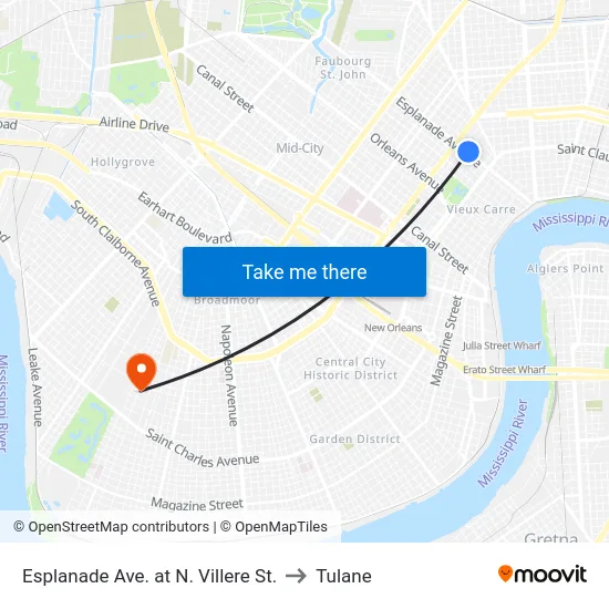 Esplanade Ave. at N. Villere St. to Tulane map