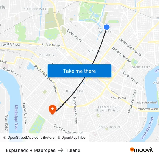 Esplanade + Maurepas to Tulane map