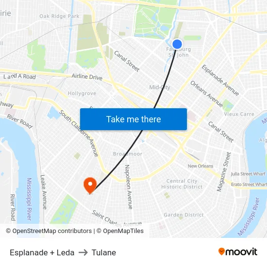 Esplanade + Leda to Tulane map