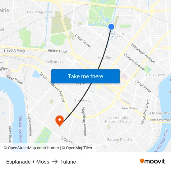 Esplanade + Moss to Tulane map