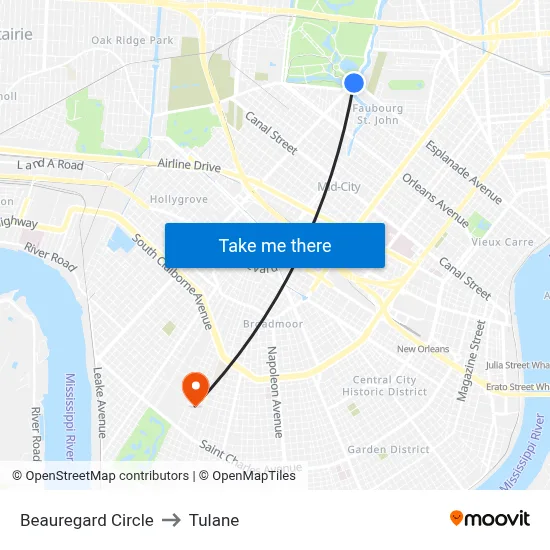 Beauregard Circle to Tulane map