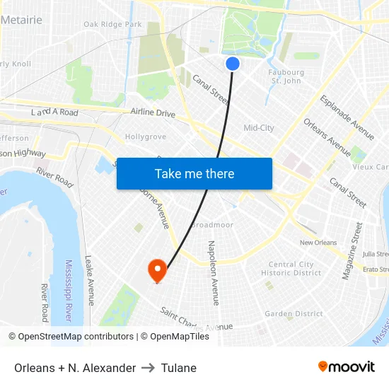 Orleans + N. Alexander to Tulane map