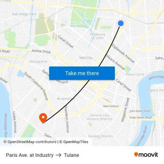 Paris Ave. at Industry to Tulane map
