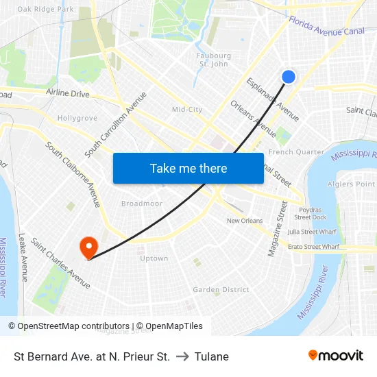 St Bernard Ave. at N. Prieur St. to Tulane map