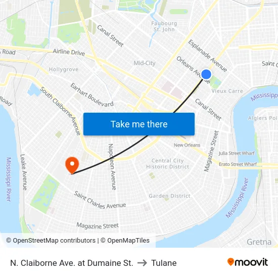 N. Claiborne Ave. at Dumaine St. to Tulane map