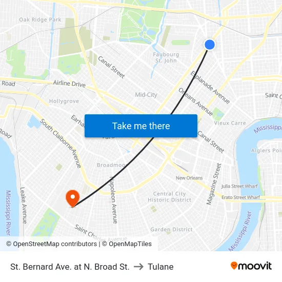 St. Bernard Ave. at N. Broad St. to Tulane map
