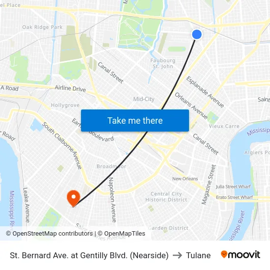St. Bernard Ave. at Gentilly Blvd. (Nearside) to Tulane map