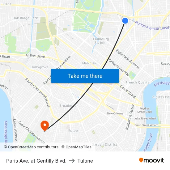 Paris Ave. at Gentilly Blvd. to Tulane map