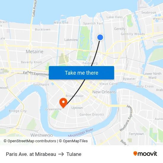 Paris Ave. at Mirabeau to Tulane map