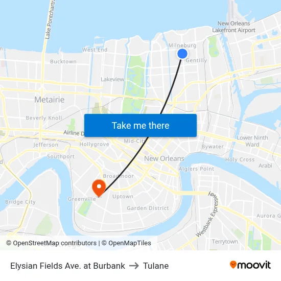 Elysian Fields Ave. at Burbank to Tulane map