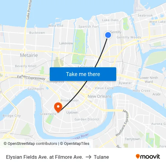 Elysian Fields Ave. at Filmore Ave. to Tulane map