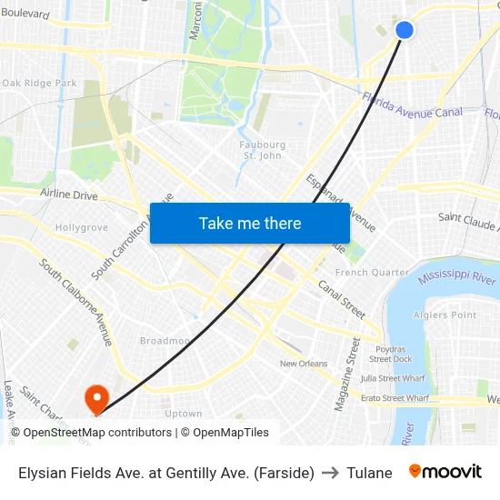 Elysian Fields Ave. at Gentilly Ave. (Farside) to Tulane map