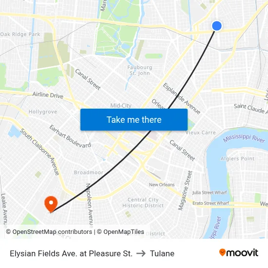 Elysian Fields Ave. at Pleasure St. to Tulane map