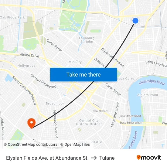 Elysian Fields Ave. at Abundance St. to Tulane map
