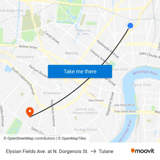 Elysian Fields Ave. at N. Dorgenois St. to Tulane map