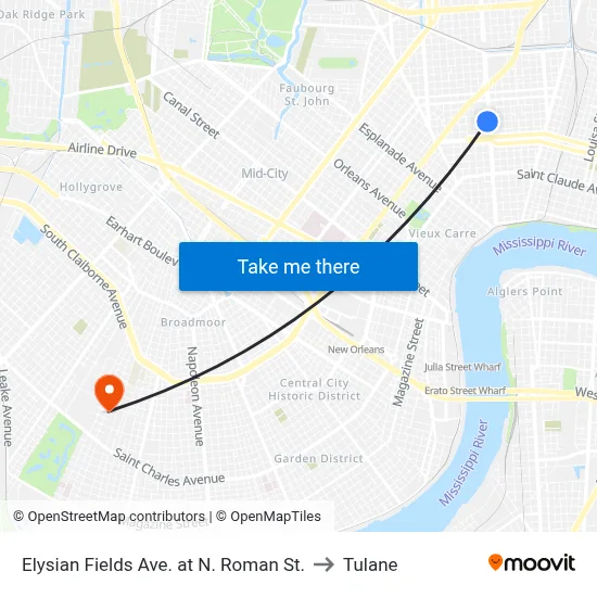 Elysian Fields Ave. at N. Roman St. to Tulane map