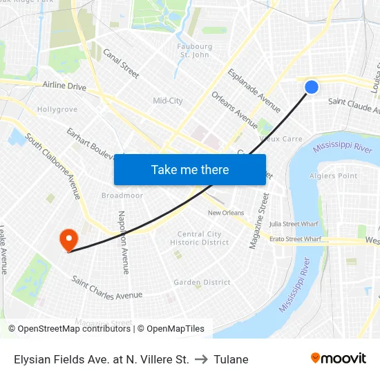 Elysian Fields Ave. at N. Villere St. to Tulane map