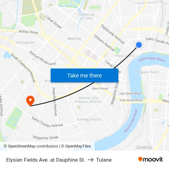 Elysian Fields Ave. at Dauphine St. to Tulane map