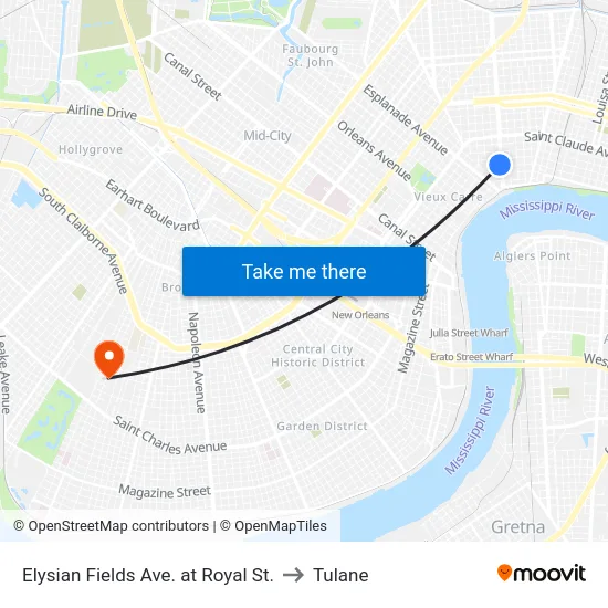 Elysian Fields Ave. at Royal St. to Tulane map