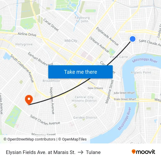 Elysian Fields Ave. at Marais St. to Tulane map