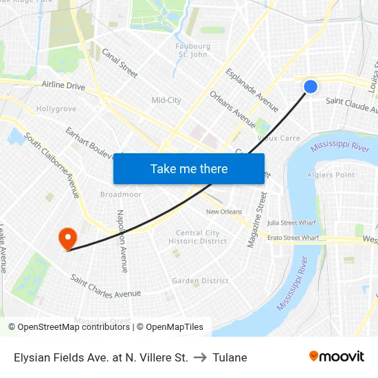 Elysian Fields Ave. at N. Villere St. to Tulane map