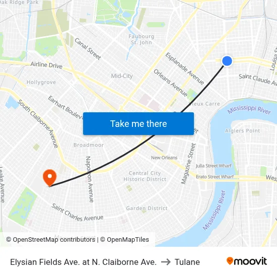 Elysian Fields Ave. at N. Claiborne Ave. to Tulane map