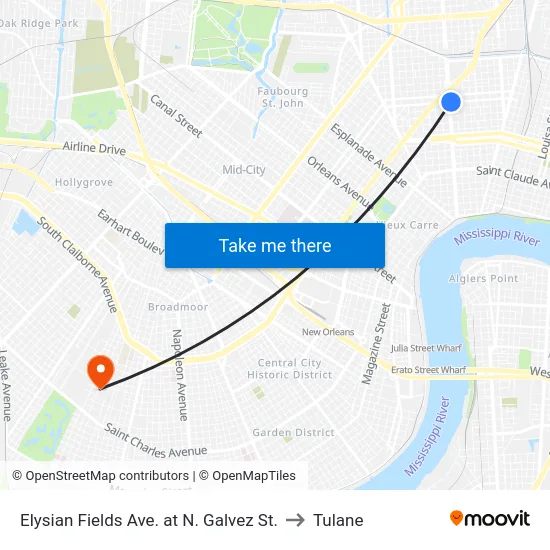 Elysian Fields Ave. at N. Galvez St. to Tulane map