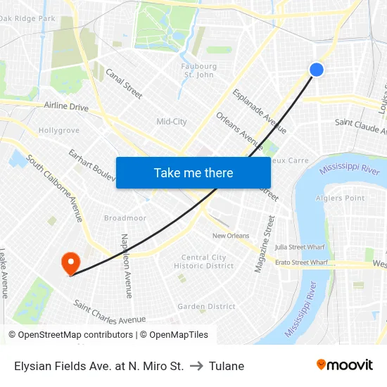 Elysian Fields Ave. at N. Miro St. to Tulane map