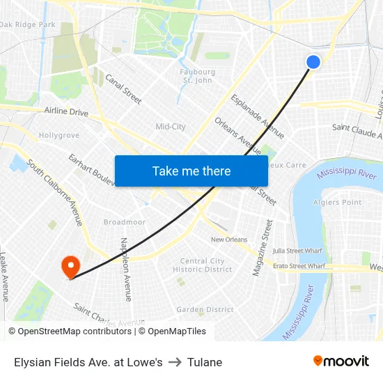 Elysian Fields Ave. at Lowe's to Tulane map