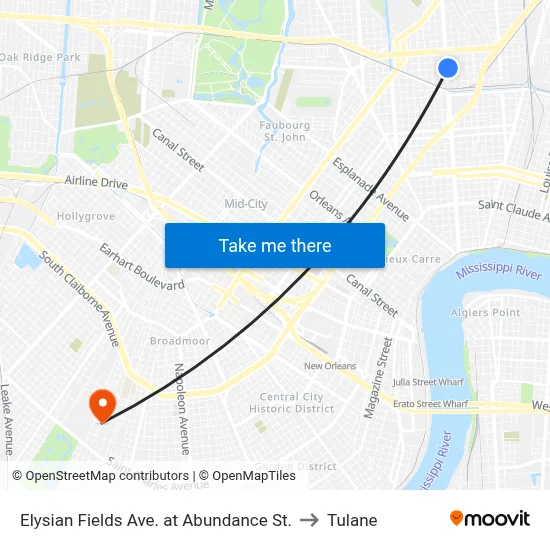 Elysian Fields Ave. at Abundance St. to Tulane map