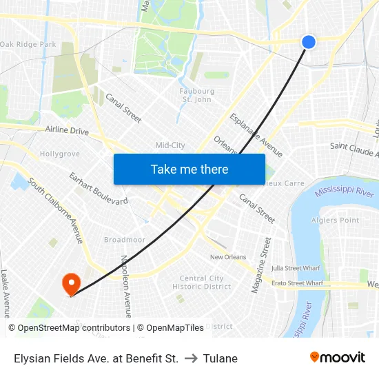 Elysian Fields Ave. at Benefit St. to Tulane map