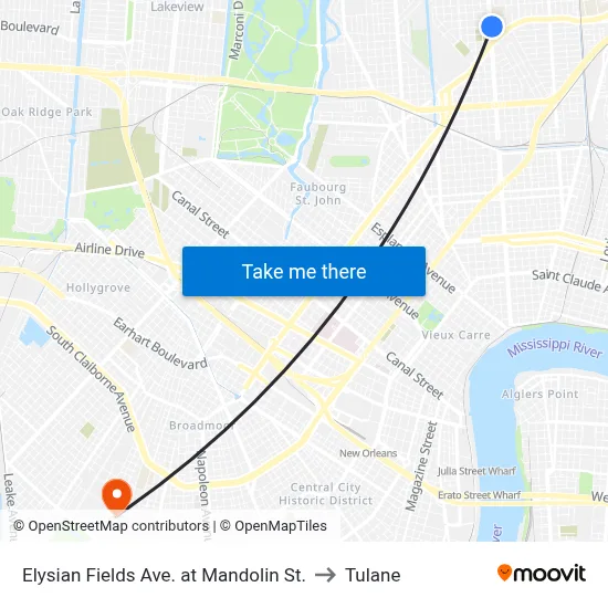 Elysian Fields Ave. at Mandolin St. to Tulane map