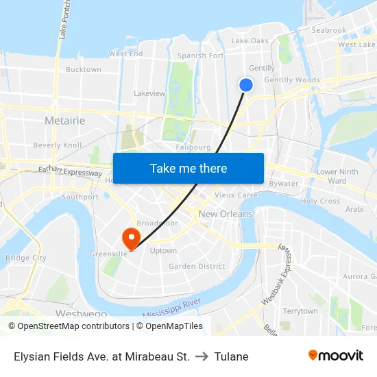 Elysian Fields Ave. at Mirabeau St. to Tulane map
