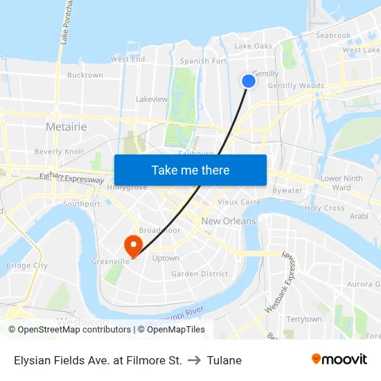 Elysian Fields Ave. at Filmore St. to Tulane map