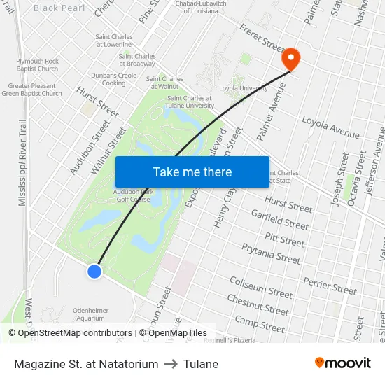 Magazine St. at Natatorium to Tulane map