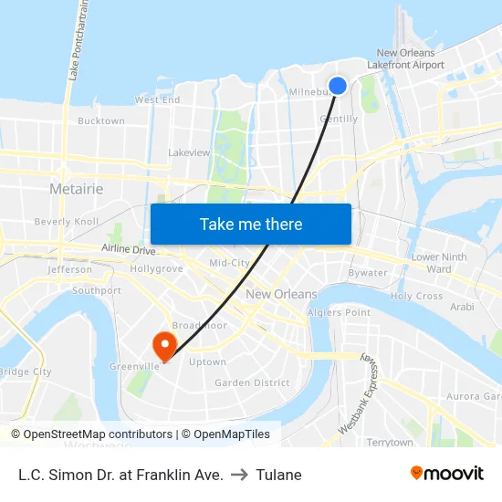L.C. Simon Dr. at Franklin Ave. to Tulane map