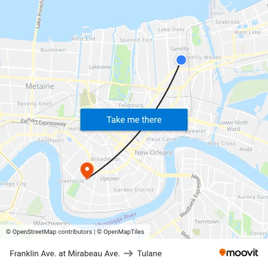 Franklin Ave. at Mirabeau Ave. to Tulane map