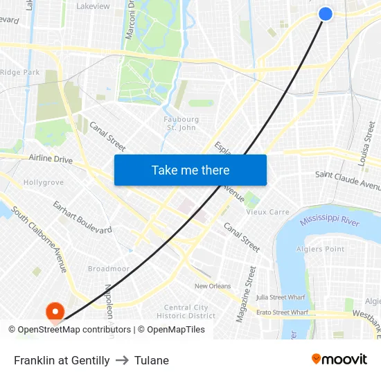 Franklin at Gentilly to Tulane map