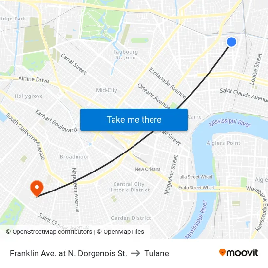 Franklin Ave. at N. Dorgenois St. to Tulane map