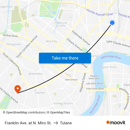 Franklin Ave. at N. Miro St. to Tulane map