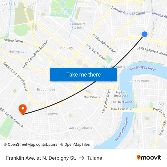 Franklin Ave. at N. Derbigny St. to Tulane map