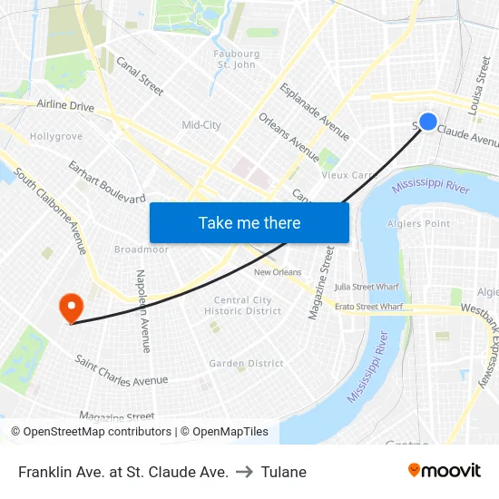 Franklin Ave. at St. Claude Ave. to Tulane map