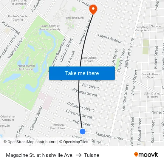 Magazine St. at Nashville Ave. to Tulane map