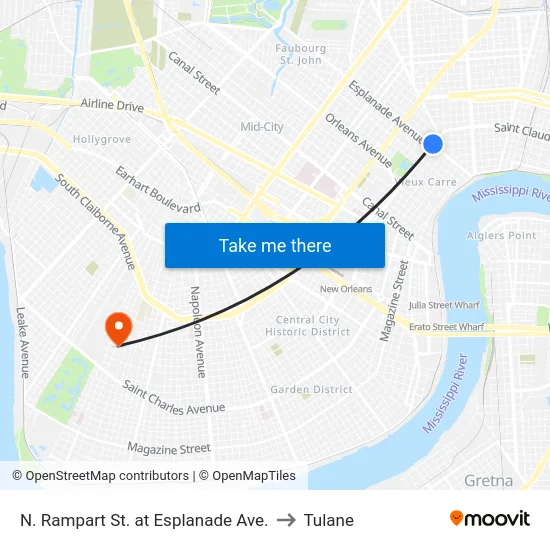 N. Rampart St. at Esplanade Ave. to Tulane map