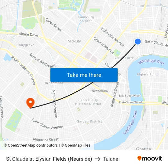 St Claude at Elysian Fields (Nearside) to Tulane map