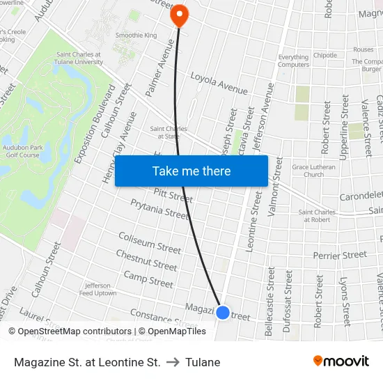 Magazine St. at Leontine St. to Tulane map
