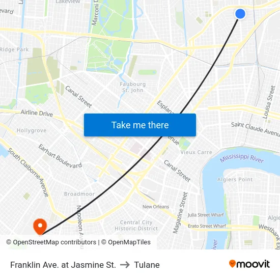 Franklin Ave. at Jasmine St. to Tulane map